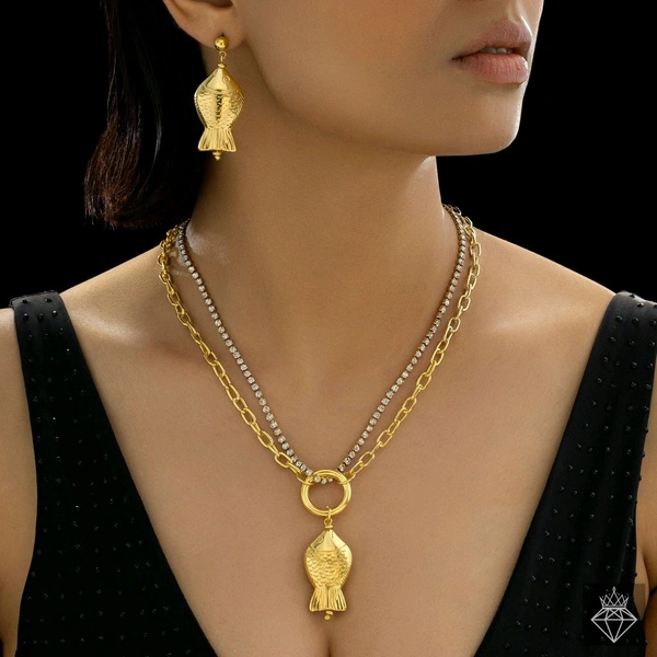 Tarnish Fish Necklace Set With Earrings