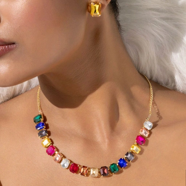 Multicolour Crystal Necklace Set With Earrings