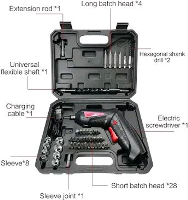 Electric Screwdriver 3.6V 1300mAh Cordless Rechargeable 44pcs Screwdriver Bit Set Front LED Light Drill Machine
