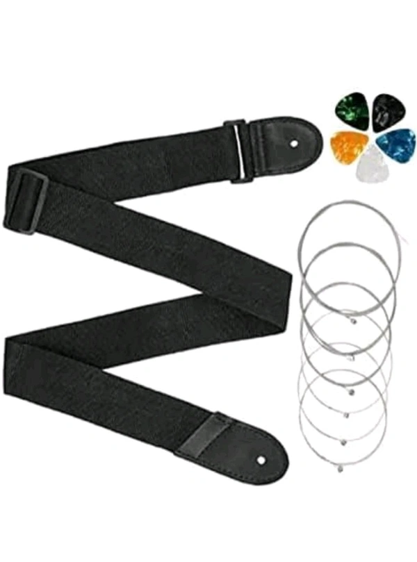 Flare Guitar String + Guitar Strap + 5 Guitar Picks Combo of Guitar Accessories Set with Guitar Belt, 6 Replacement String & 5 Picks For Acoustic Guitar, Electric Guitar - Black