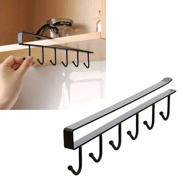 1 Pack Hanging Hooks Rack Under Cupboard Cabinet Cup Holder Coffee Mug Holder 6 Hooks Drilling Free Coffee Cups Holder Kitchen Utensil Storage Organizer Hook Rack