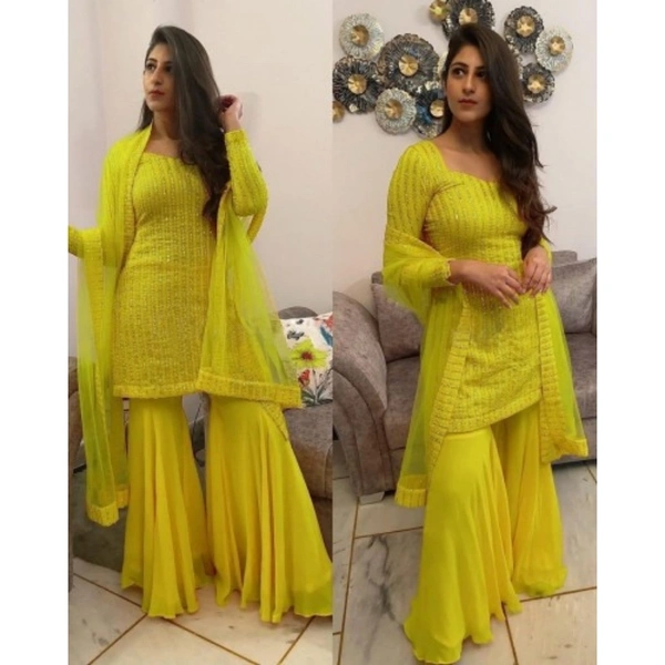 VASTREMATE Attractive Yellow Fox Georgette with sequence Work Sharara Suit - semi - stiched