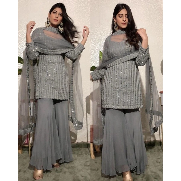 VASTREMATE Attractive Fox Grey Georgette with sequence Work Sharara Suit - semistiched