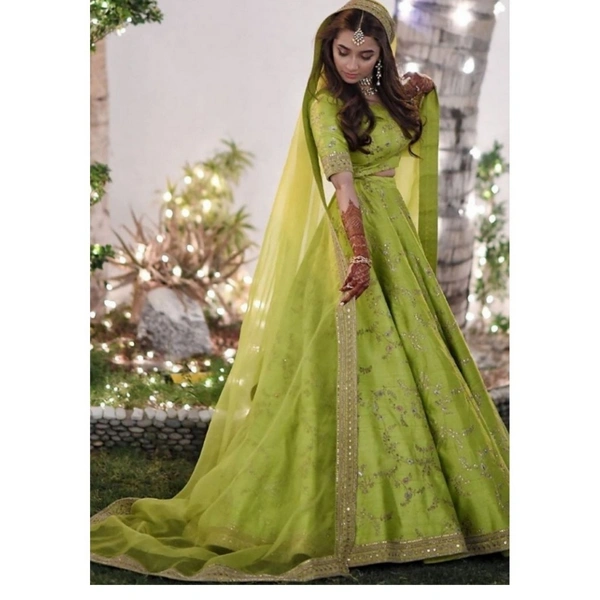 Fashion Women's Thai Silk Embroidered Lime Green Semi-Stitched Lehenga Choli  - free size