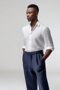 Regular Fit Linen Trouser - 32, Navy Blue