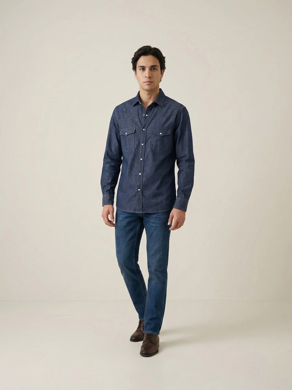 Cotton Hemp Denim Western Shirt - Blue