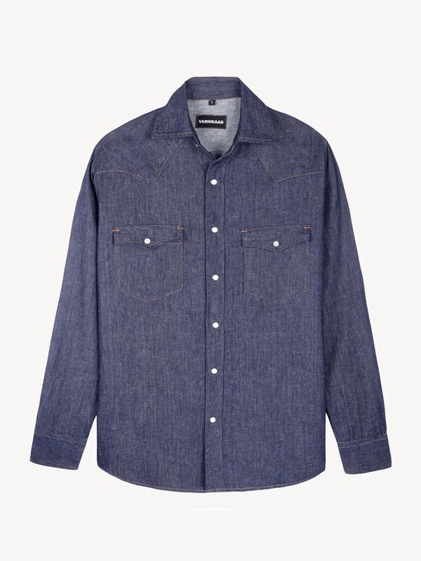 Cotton Hemp Denim Western Shirt - Blue