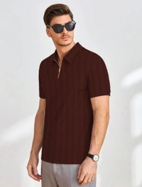 KAJARU Men Self Design Polo Neck Polyester Brown T-Shirt - Brown