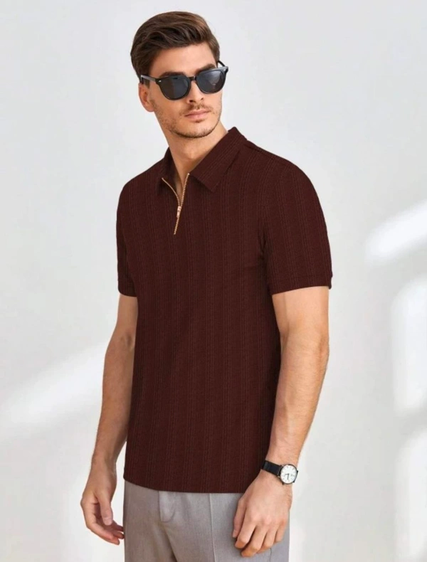 KAJARU Men Self Design Polo Neck Polyester Brown T-Shirt - Brown