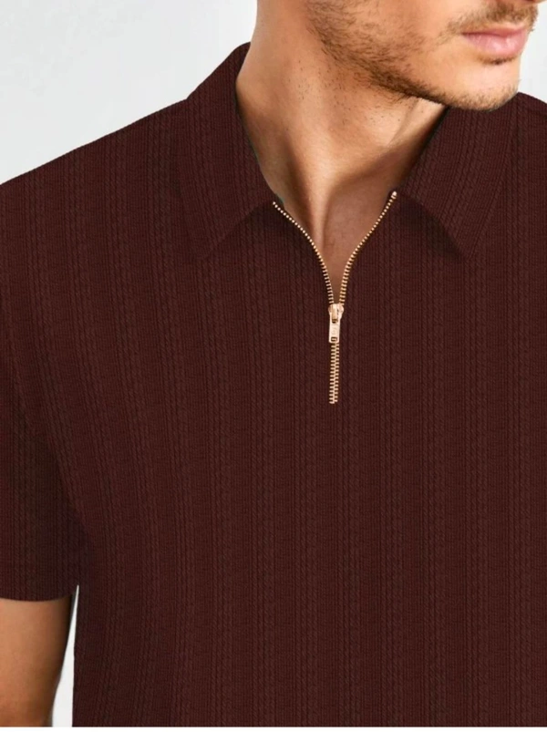 KAJARU Men Self Design Polo Neck Polyester Brown T-Shirt - Brown