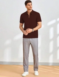 KAJARU Men Self Design Polo Neck Polyester Brown T-Shirt - Brown