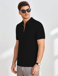 KAJARU Men Self Design Polo Neck Polyester Brown T-Shirt - Black