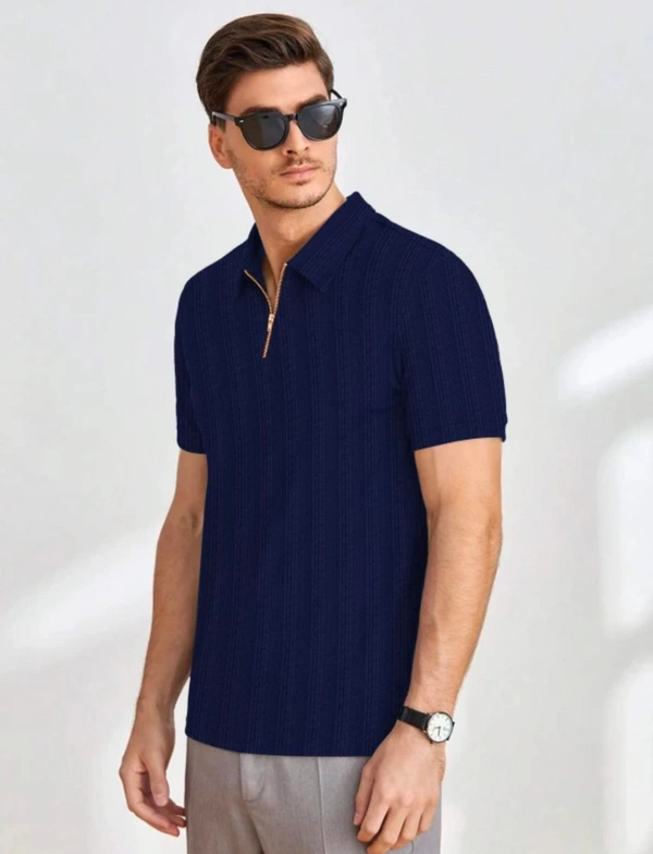 KAJARU Men Self Design Polo Neck Polyester Brown T-Shirt - Blue