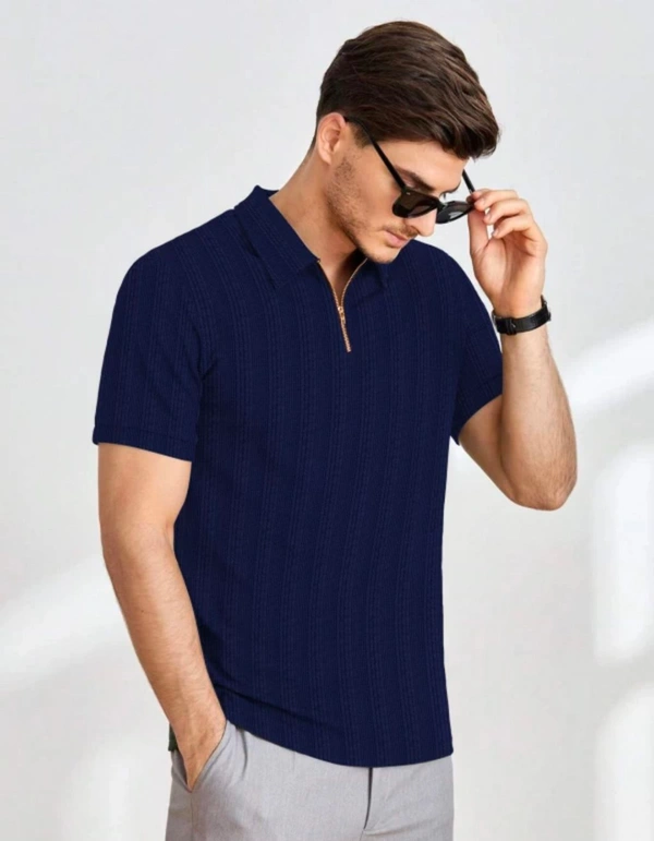 KAJARU Men Self Design Polo Neck Polyester Brown T-Shirt - Blue