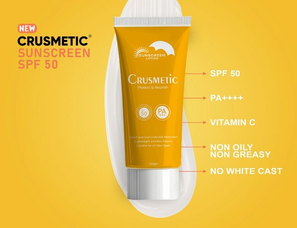 Crusmetic Sunscreen SPF 50 PA++ UVA/UVB for Broad Spectrum | Sun Protection with Glowing Skin | No White Cast | For All Skin Types (Oily, Dry, Acne-prone) | For Men & Women (100gm)