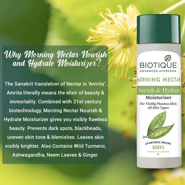 Biotique Morning Nectar Nourish & Hydrates Moisturizer 120ml | For Visibility Flawless Skin | Nourishing & Hydrating Cream | Prevents Dark Spots, Blackheads And Blemishes | Natural Hydration for All Skin Types |