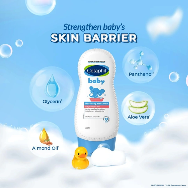 Cetaphil Baby Moisturising Bath & Wash 230ml | With Aloe Vera & Almond Oil | Gentle, Soap Free | Paraben Free | Baby's Delicate Skin | Dermatologist-tested