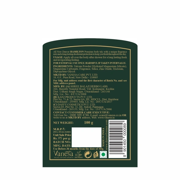 Denver Hamilton Premium Body Talc - 100g  | Scented Talcum Powder for Men | Long-Lasting Freshness & Masculine Fragrance