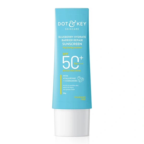 Dot & Key Blueberry Hydrate Barrier Repair Sunscreen SPF 50+,Pa++++ | For Dry & Sensitive Skin | With 6 UV filters | Non - Greasy Finish | Broad Spectrum | Fragrance Free | No White Cast | Long Lasting Moisture | Tanning & Sunburn | 50g