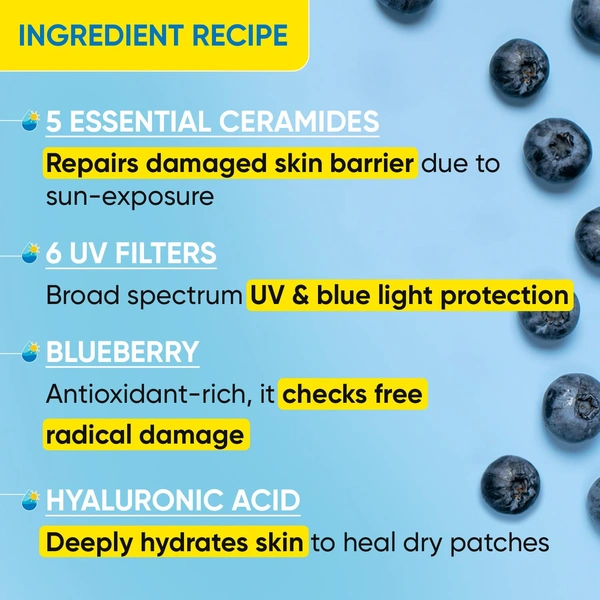 Dot & Key Blueberry Hydrate Barrier Repair Sunscreen SPF 50+,Pa++++ | For Dry & Sensitive Skin | With 6 UV filters | Non - Greasy Finish | Broad Spectrum | Fragrance Free | No White Cast | Long Lasting Moisture | Tanning & Sunburn | 50g