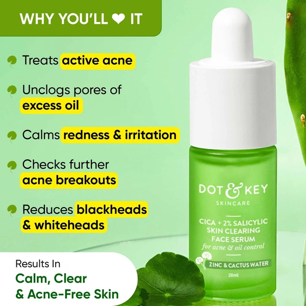 Dot & Key CICA + 2% Salicylic Skin Clearing Face Serum | With Zink & Cactus Water | for Acne & Clear Skin | Serum for Oily ,Acne - Prone Skin & Sensitive Skin | Non Greasy & Non Sticky | 30ml