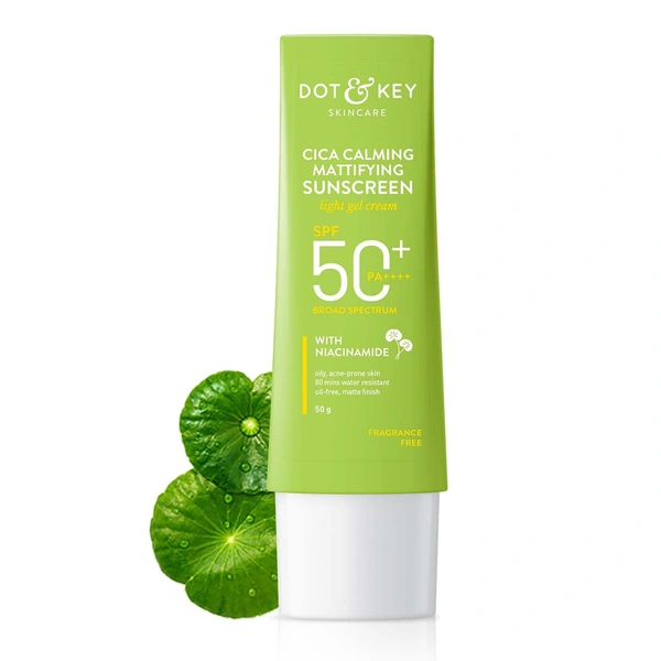 Dot & Key CICA Calming Mattifying Sunscreen SPF 50 PA++++ with Niacinamide | For Oily, Acne- Prone Skin | Oil Free Matte Finish | Light Gel Cream | Ultimate Protection for Sensitive Skin | Fragrance Free & Quick Absorbing | 50g