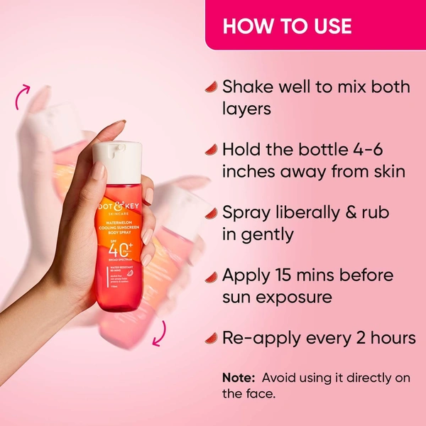Dot & Key DOT & KEY Watermelon Cooling Sunscreen Body Spray� 110ml  | SPF 40 Pa+++   | Sun Protection Lotion | Broad Spectrum | Alcohol Free | Non Greasy & Sticky  | Cooling Effect |  For All Skin Types