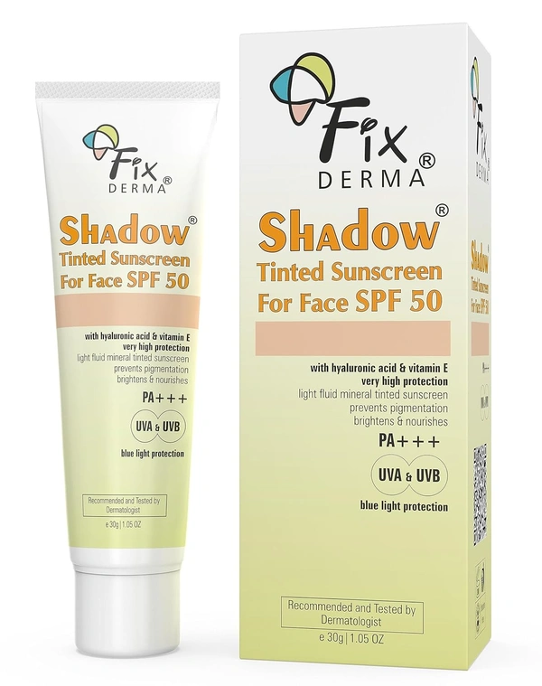 Fixderma Shadow Tinted Sunscreen For Face SPF 50 PA+++ | Sunscreen with Vitamin E & Hyaluronic Acid | UVA & UVB Protection | Blue Light Protection | Prevent Pigmentation | High Protection for All Skin Types | 30g