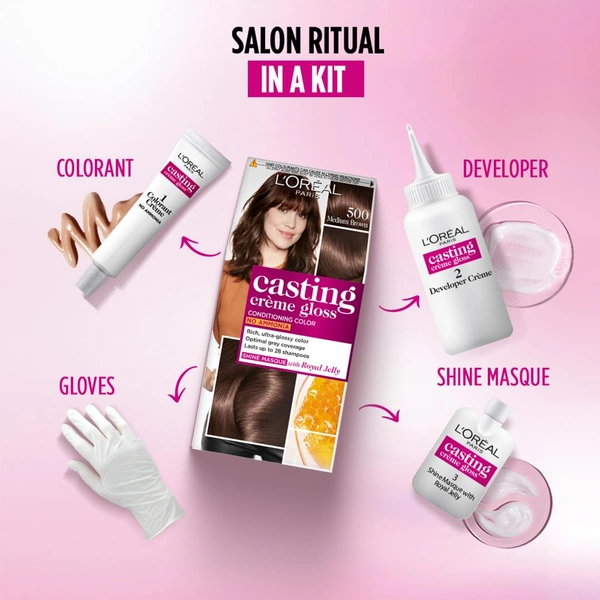 Loreal Paris Casting Creme Gloss Medium Brown 500 Conditioning Hair Color - 87.5g+72ml | No Ammonia | Rich, Ultra Glossy Color | Optical Grey Coverage | Long-Lasting Color| Honey-Infused Conditioner | Salon Like Hair At-home
