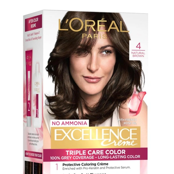 Loreal Paris Excellence Creme  04 Natural Brown 72ml+100g | Triple Care Hair Color | 100% Grey Coverage | Long Lasting Color | Permanent Hair Color for Shiny, Healthy Hair | Natural Brown Hair Dye