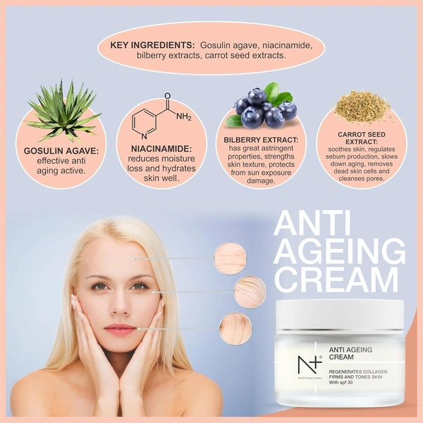 N Plus N + Professional Anti-Ageing Cream� 50g | Regenerates Collagen, Firm & Tones Skin with SPF 30 | Wrinkle Reduction | Skin Rejuvenation | Hydrating | Skin Elasticity | for All Skin Types