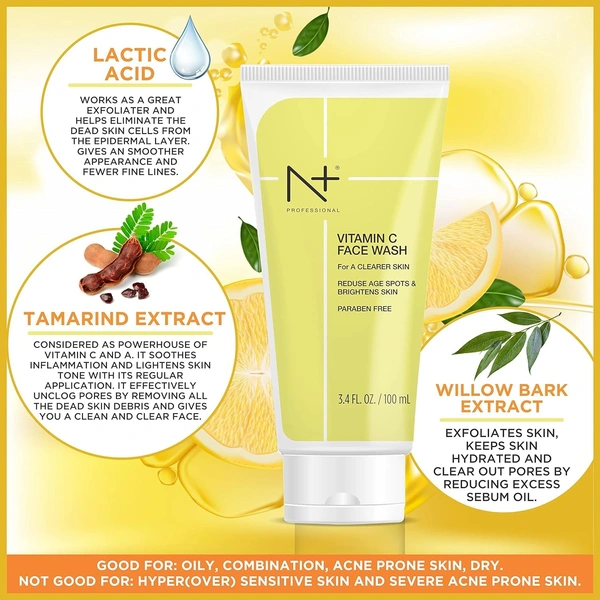 N Plus N+ Professional Vitamin C Face Wash-100ml | Reduce Age Spots & Brighten Skin | Pore Cleansing | Oil-Free Cleanser | Hydrating | Paraben Free | For All Skin Types