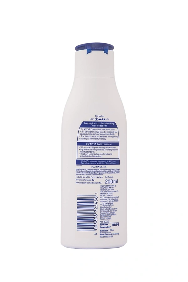 Nivea Express Hydration Body Lotion 200ml | 48-Hour Moisturization for Summer | Enriched with Sea Minerals & Deep Moisture Serum | Non-Greasy Formula for Healthy-Looking Skin | Suitable for All Skin Types