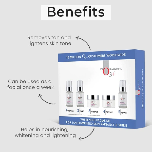 O3+ Professional O3+ Whitening Facial Kit | for Tan-Pigmented Skin | Removes Tan, Lightens Skin Tone & Evens Complexion | Pigmentation Solution Facial | Hydrating Whitening | Suitable for All Skin Types | (100g+150ml)