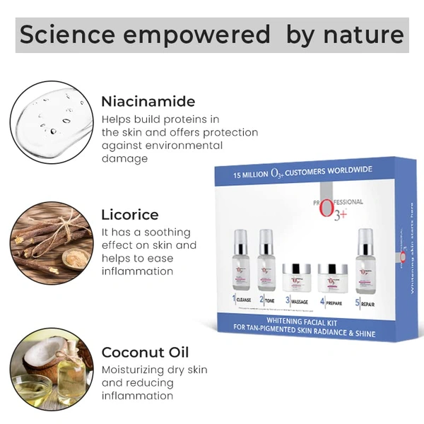 O3+ Professional O3+ Whitening Facial Kit | for Tan-Pigmented Skin | Removes Tan, Lightens Skin Tone & Evens Complexion | Pigmentation Solution Facial | Hydrating Whitening | Suitable for All Skin Types | (100g+150ml)