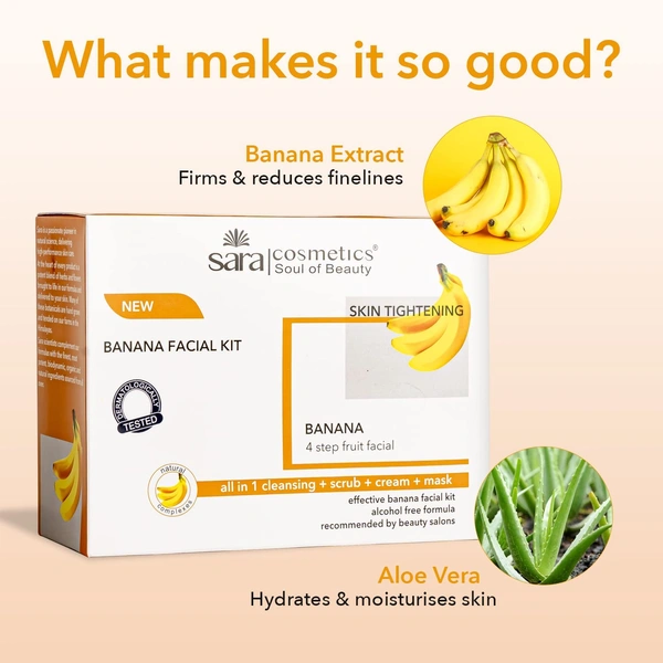 Sara Professional Sara 4-Step Banana Facial Kit (4x50g) | for Soft, Hydrated Skin | All in 1 (cleansing + scrub + cream + mask ) | Alcohol Free Formula | Smooth & Firm Skin | Suitable for All Skin Type