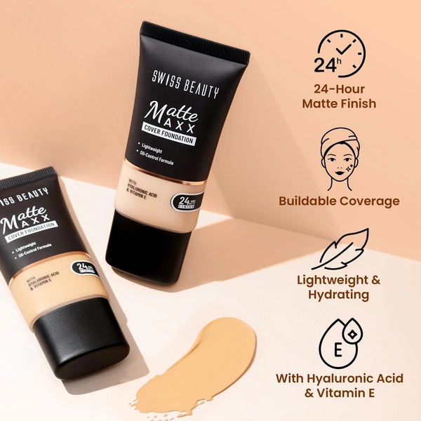 Swiss Beauty Foundation Matte Maxx Cover 01 Fair Warm, 30g| 24-Hour Wear |Hyaluronic Acid & Vitamin E | Oil-Control Formula |