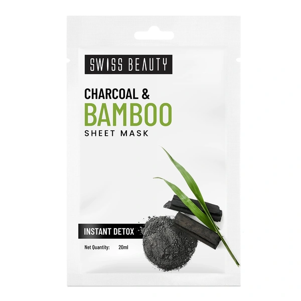 Swiss Beauty Instant Detox Sheet Mask 20ml | With Charcoal & Bamboo | Serum- Infused Sheet Mask | Unclogs Pores, Balances Excess Oil | Detoxifies & Refreshes Skin | Acne-prone skin mask | 20ml