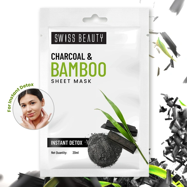 Swiss Beauty Instant Detox Sheet Mask 20ml | With Charcoal & Bamboo | Serum- Infused Sheet Mask | Unclogs Pores, Balances Excess Oil | Detoxifies & Refreshes Skin | Acne-prone skin mask | 20ml