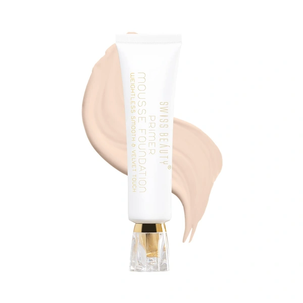 Swiss Beauty Primer Mousse Foundation 30ml | Weightless Smooth & Velvet Touch | 2 - in 1 Primer & Foundation | Oil-free look | Long-Wearing | Flawless Matte Finish & Pore Minimizing Coverage | Shade - 01 (  White Ivory)