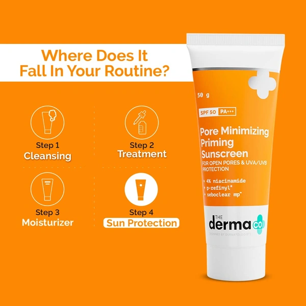 Derma Co The Derma Co Pore Minimizing Priming Sunscreen with SPF 50 & PA+++ | For Open Pores & UVA/UVB Protection | With 4% Niacinamide | Flawless Sun Protection | Non-Greasy & Long-Lasting | Suitable For All Skin Types- 50g