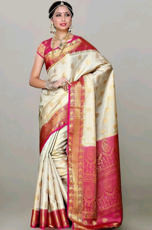 MIMOSA Women's Traditional Art Silk Saree Kanjivaram Style With Blouse Color:Off White - 800 Cms, Purple