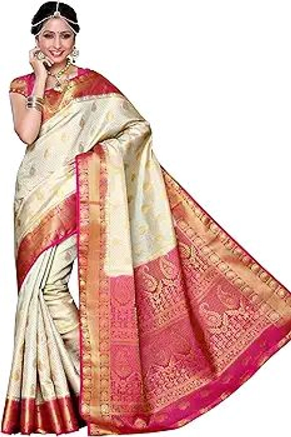 MIMOSA Women's Traditional Art Silk Saree Kanjivaram Style With Blouse Color:Off White - 800 Cms, Purple