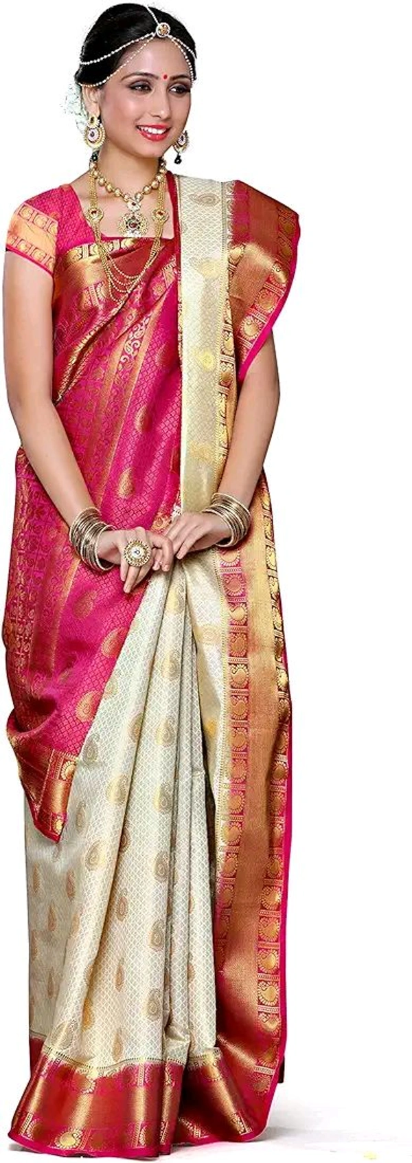 MIMOSA Women's Traditional Art Silk Saree Kanjivaram Style With Blouse Color:Off White - 800 Cms, Purple