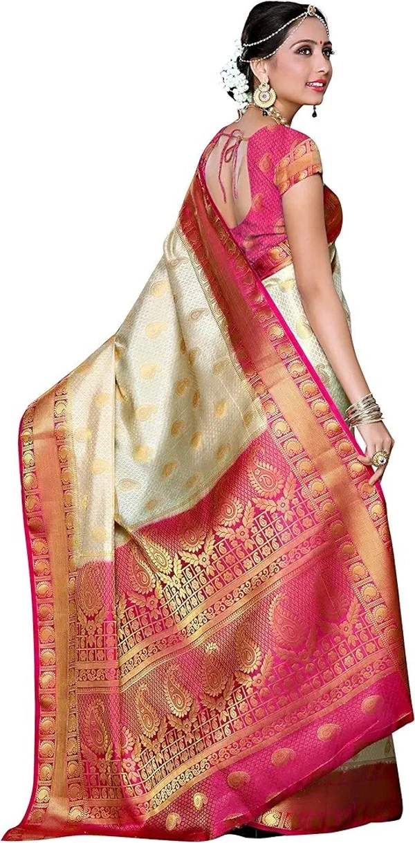 MIMOSA Women's Traditional Art Silk Saree Kanjivaram Style With Blouse Color:Off White - 800 Cms, Purple