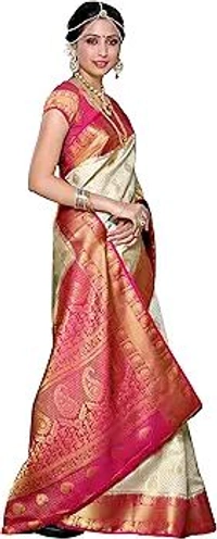 MIMOSA Women's Traditional Art Silk Saree Kanjivaram Style With Blouse Color:Off White - 800 Cms, Purple