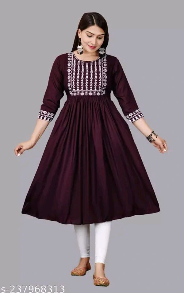 Embroidery Anarkali Kurti Suit - Brown, S