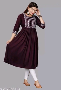 Embroidery Anarkali Kurti Suit - Brown, S