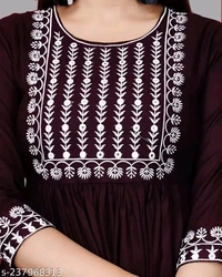 Embroidery Anarkali Kurti Suit - Brown, S