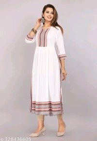 Embroidery Round Neck Kurti - White, M